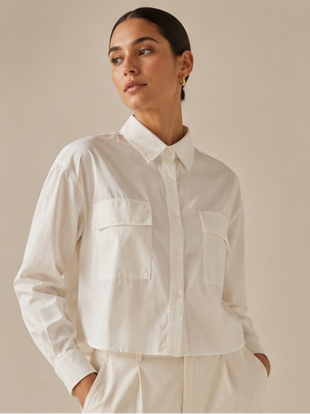 Evereve White Cropped Utility Button Front Shirt Size Large